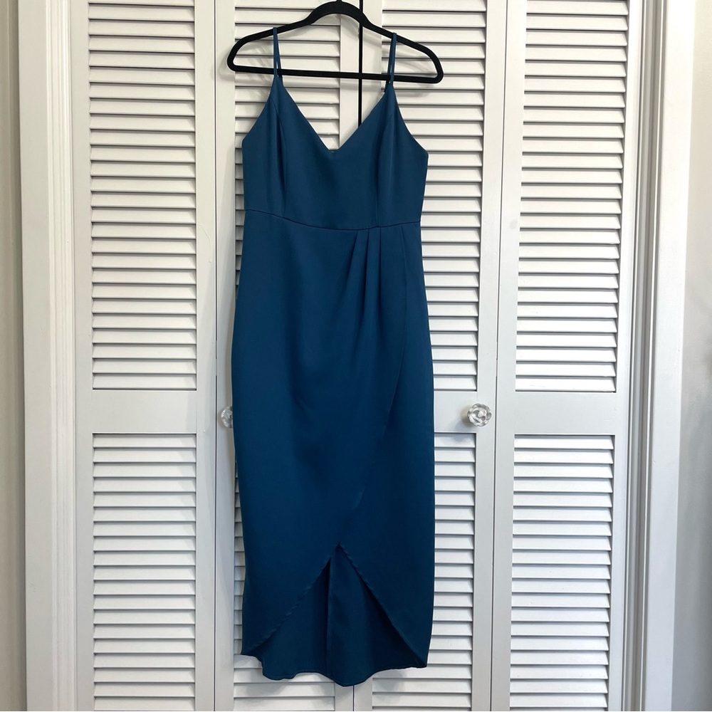 CMZ2005 Dark Blue Midi Maxi Cocktail Dress Faux Wrap Spaghetti Strap Sz M